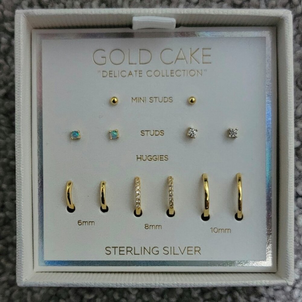 GOLD CAKE Sterling Silver Mini Earrings, Brand New, 6 Pairs